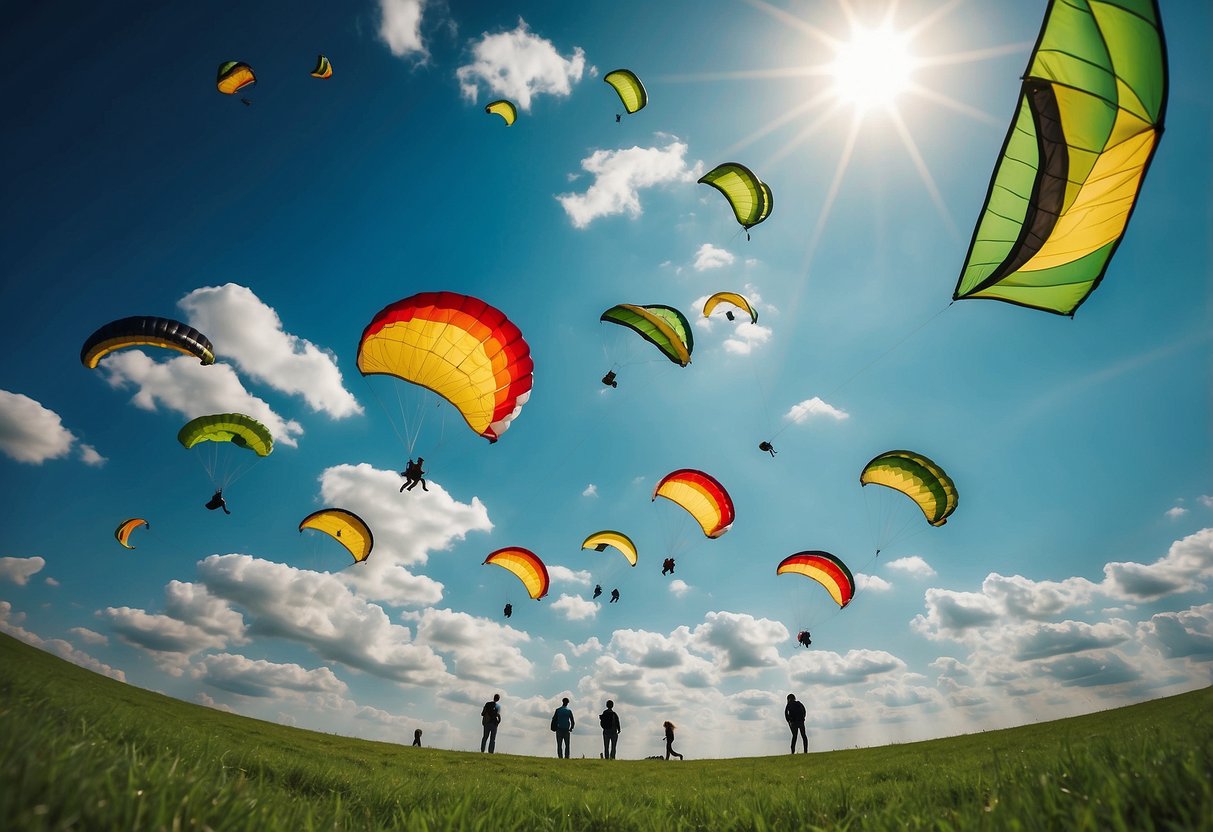 Bright sky, green field, kites flying, 5 lightweight jackets on the ground