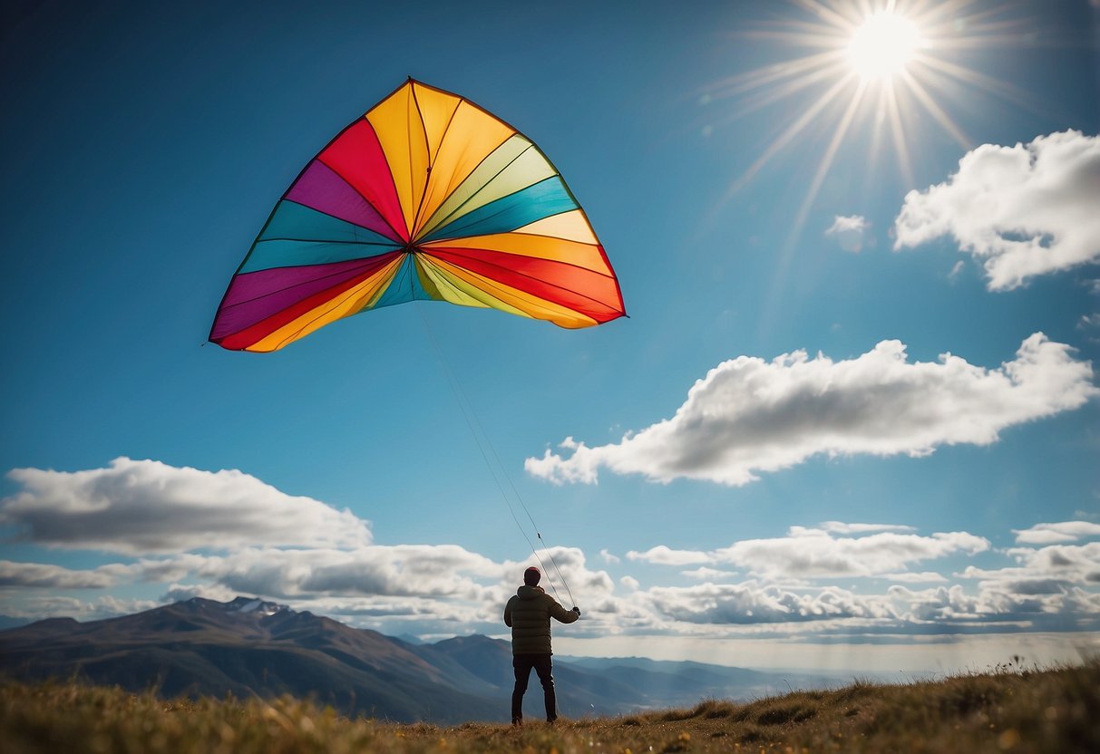 A colorful kite soars high in the sky, pulled by a person wearing a Patagonia Houdini Jacket. The wind is strong, and the lightweight jacket flutters in the breeze