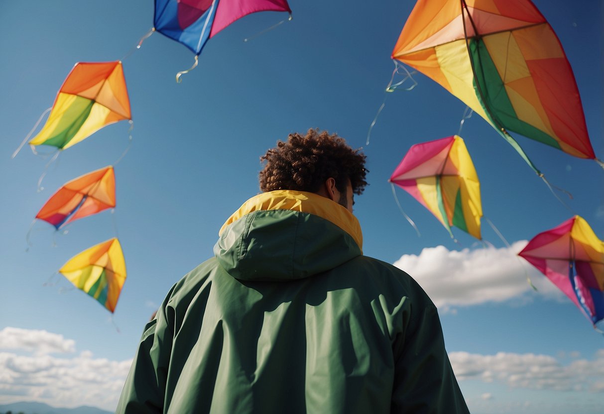 A colorful Columbia windbreaker flutters in the breeze, with kites soaring in the sky above