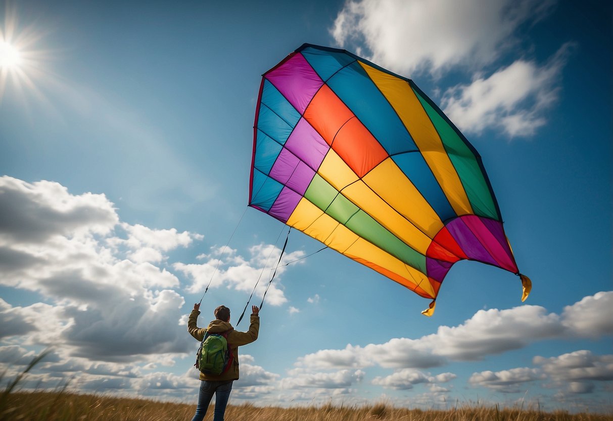 A colorful kite soars high in the sky, pulled by a person wearing a Marmot PreCip Eco Jacket. The lightweight jacket flaps in the wind as the kite flies gracefully