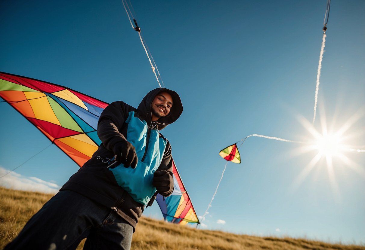 A colorful kite flying high against a bright blue sky, with a person wearing a Black Diamond Alpine Start Hoody standing in the background