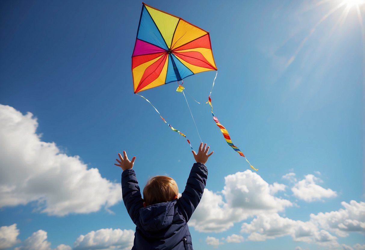 A child's colorful kite soars high in the clear blue sky, while a gentle breeze rustles the lightweight jacket of the person flying it