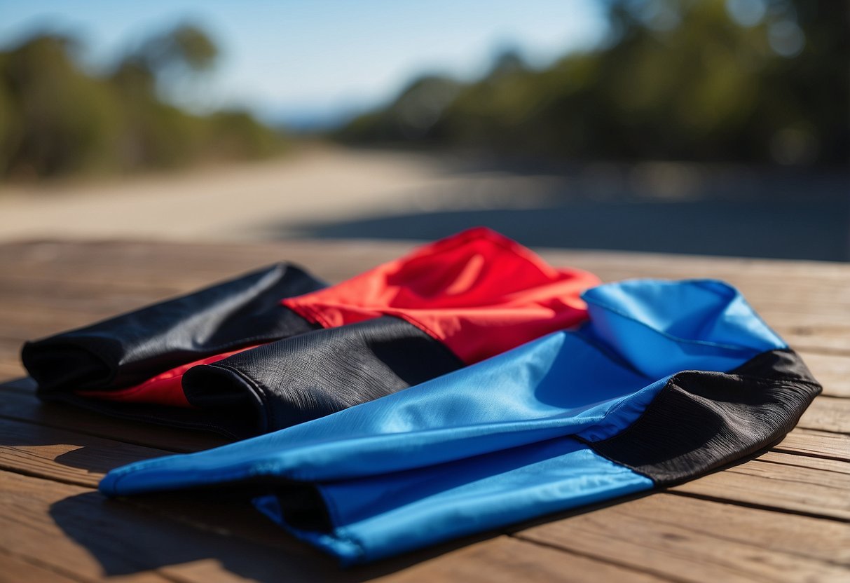 Bright blue nylon, sleek black polyester, and vibrant red ripstop nylon lay on a table. A kite soars in the background