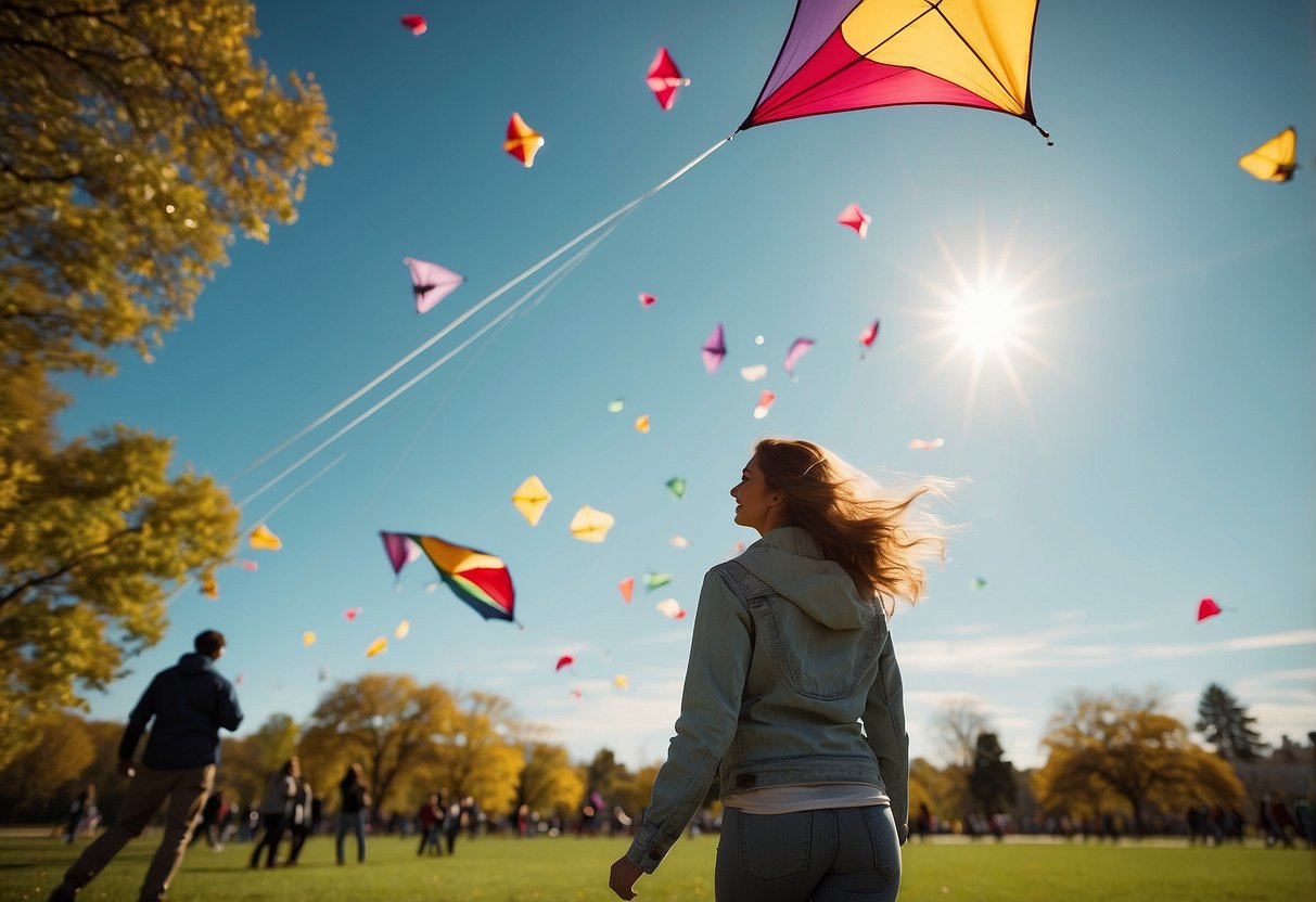 A sunny, breezy day at the park. Colorful kites fill the sky as people wear lightweight jackets with vibrant patterns and practical pockets