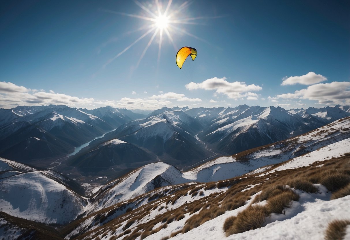 Bright blue sky, snow-capped mountains. Kite soaring high, strong winds. Thin air, breath visible. Rocky terrain below, distant clouds