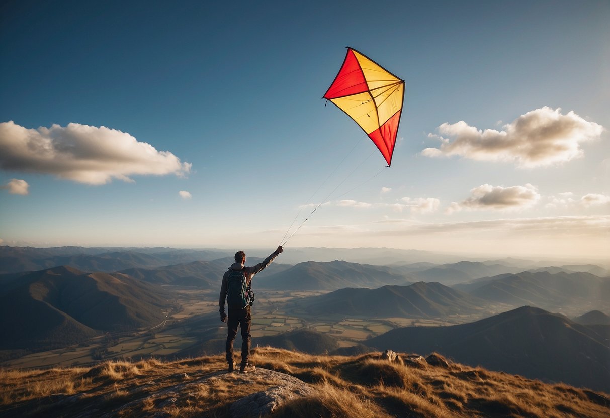 A person standing on a mountain peak, holding a kite and looking out at the vast, open sky. The wind is strong, and the kite is soaring high above, demonstrating successful high altitude kite flying