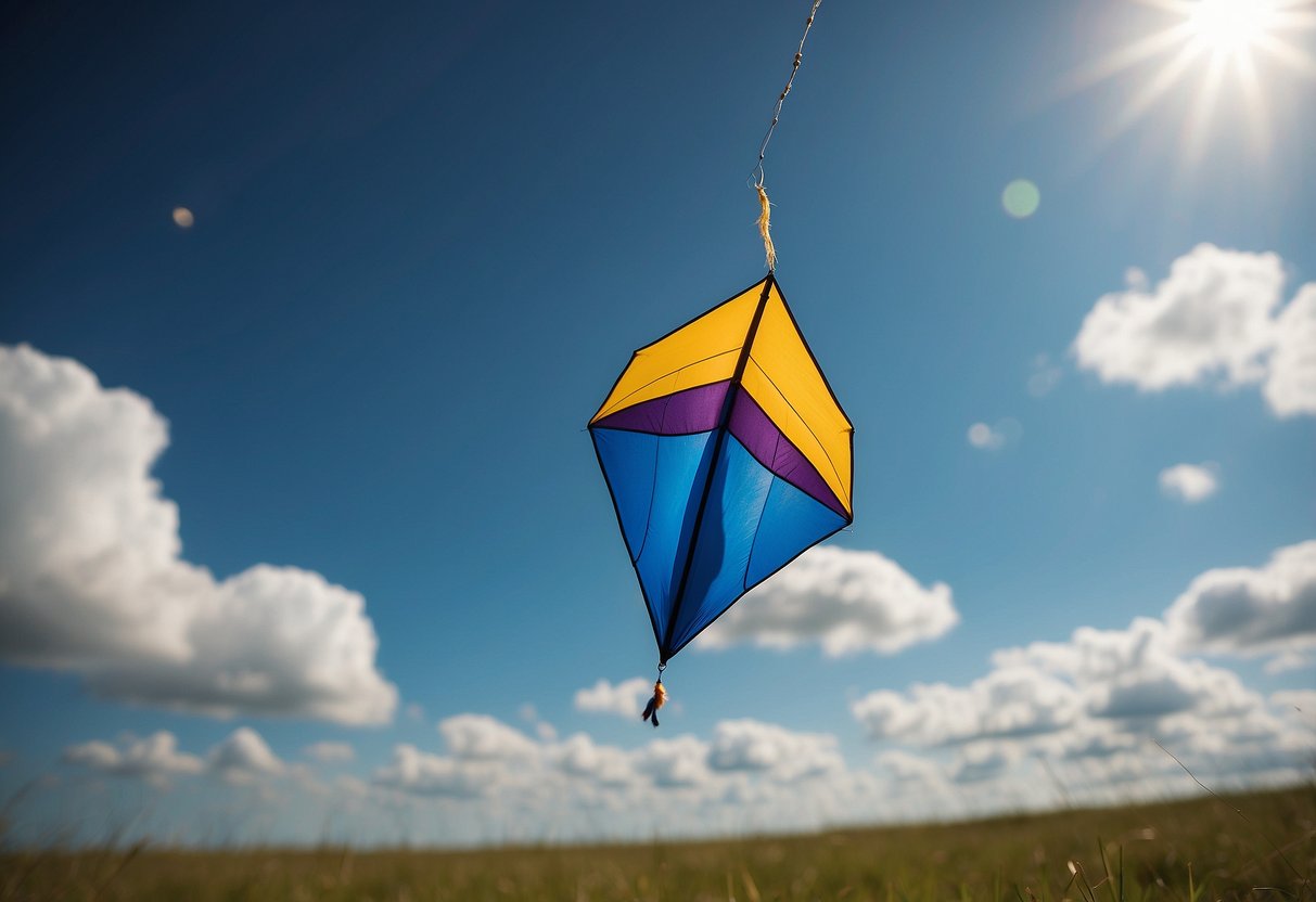 A kite soars high in the sky, tugging on its string. The wind is strong, causing the kite to dance and flutter. The line is taut, connected to the kite as it flies in the high altitude