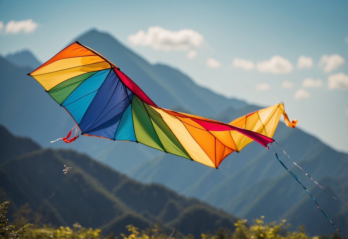 A colorful kite soars through the clear blue sky, high above the mountain peaks. The sun shines brightly, casting a warm glow on the kite as it dances gracefully in the wind