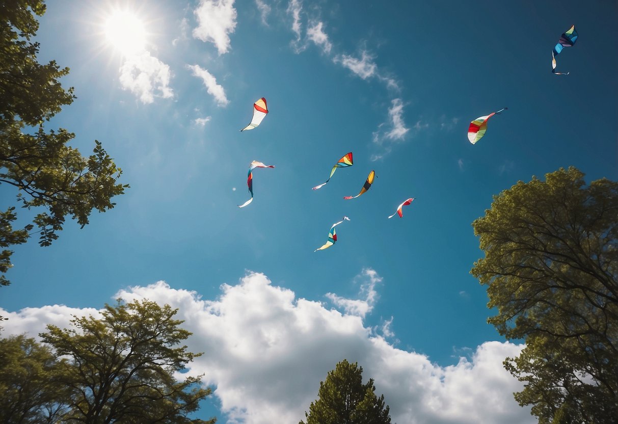 Bright blue sky, with wispy clouds. Kites soaring high, catching the strong, steady mountain winds. Trees swaying below