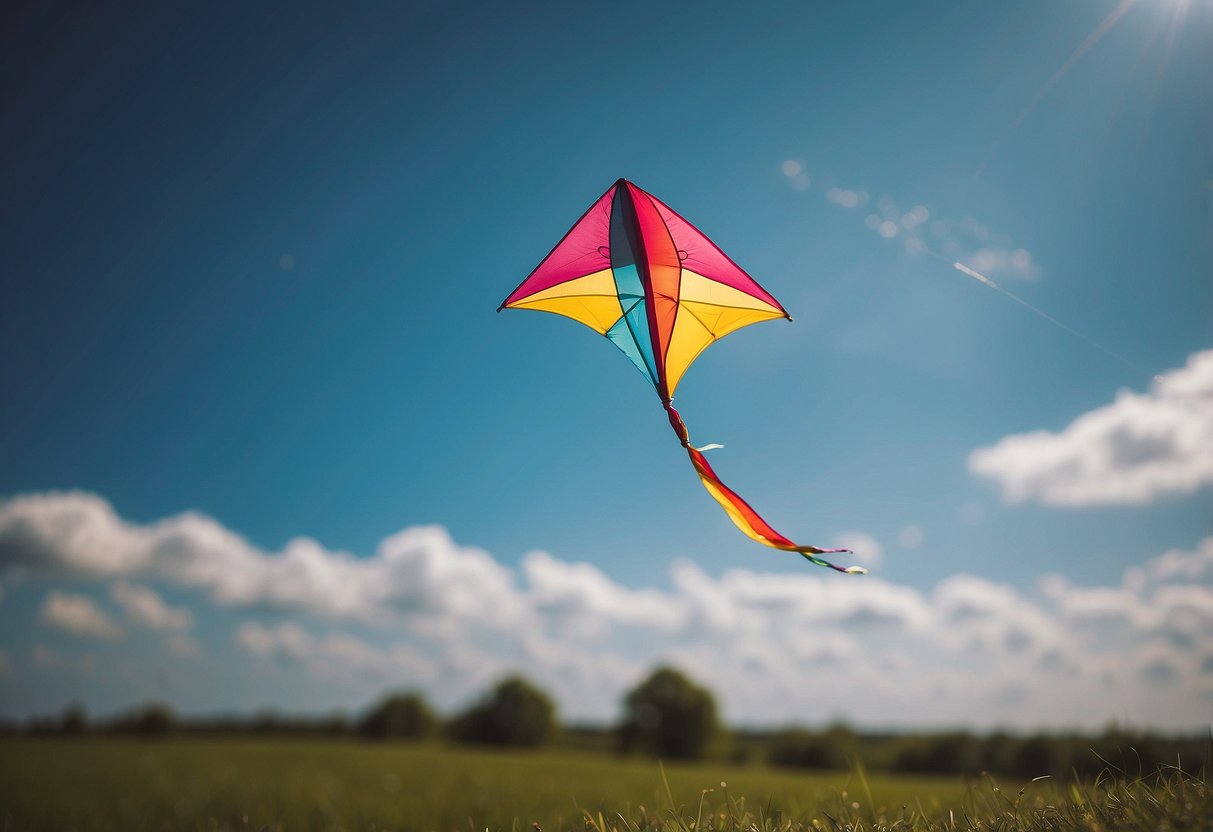 A kite flying high in the sky, with a long tail trailing behind it. The wind is strong, causing the kite to sway and dip as it soars through the air