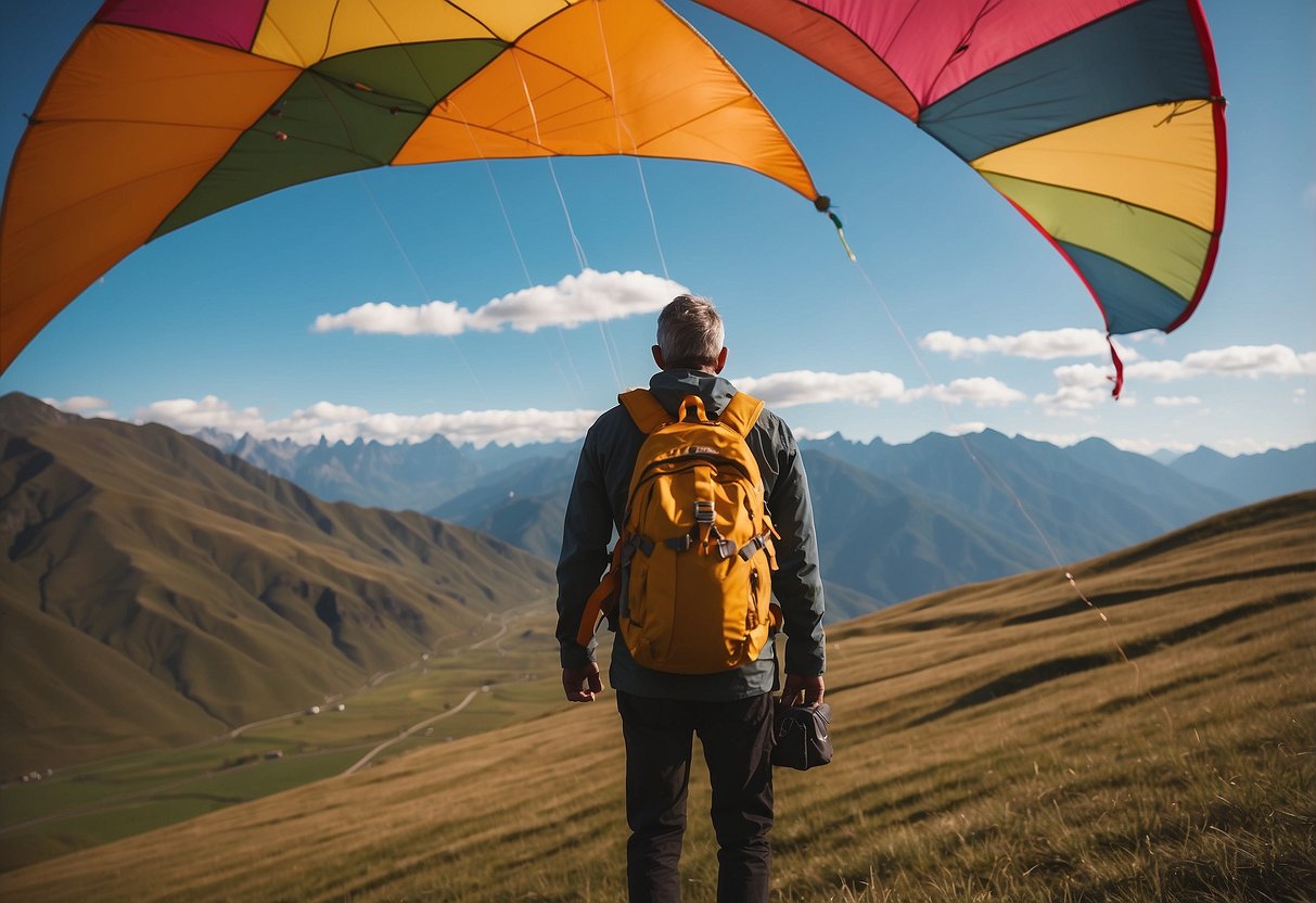 A person carrying extra supplies for kite flying in high altitudes, with a mountainous landscape in the background