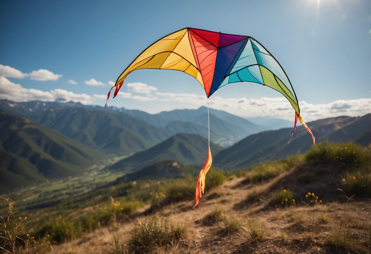 A colorful kite soars high in the sky, gracefully maneuvering through the air with the backdrop of a mountainous landscape. The wind is strong, and the kite's tail dances behind it as it glides effortlessly