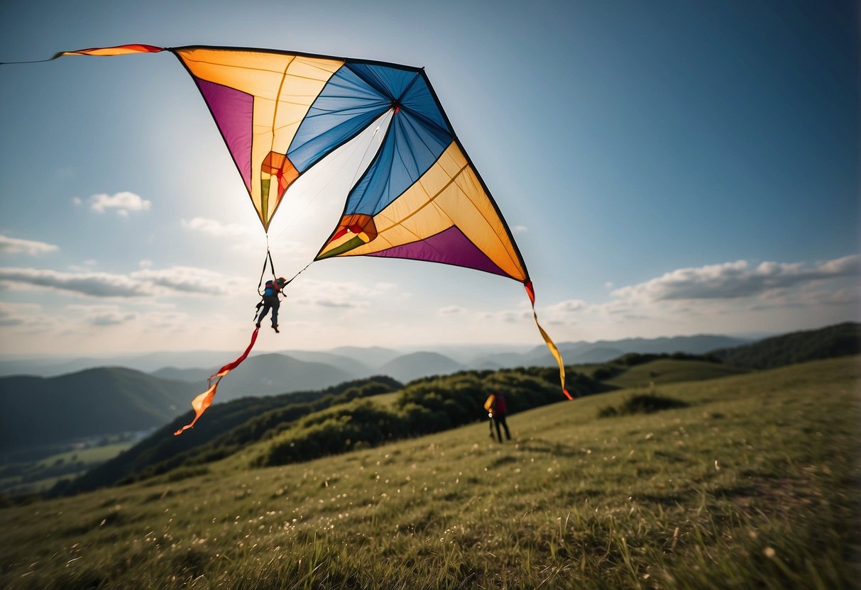 A kite flying high in the sky, secured with a strong and durable string, with a safety harness attached to the kite to prevent it from getting lost or causing harm