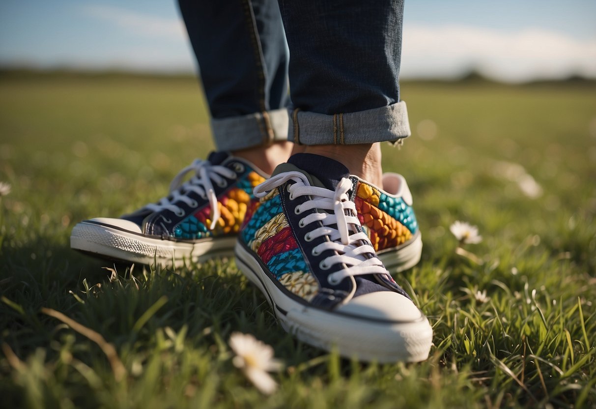 A pair of colorful, lightweight sneakers lying on a grassy field with a bright, patterned kite soaring in the sky above