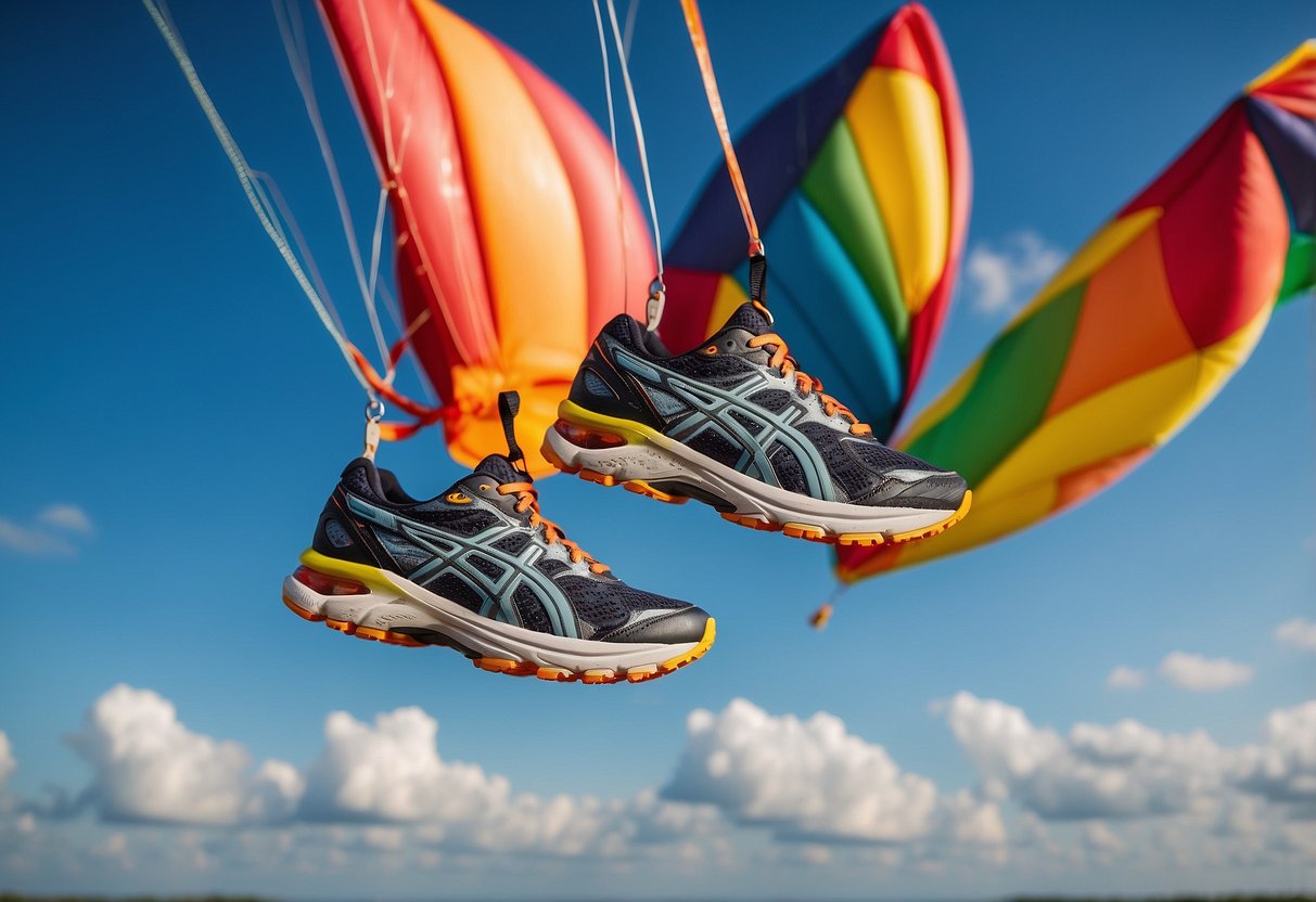 A pair of ASICS Gel-Cumulus 23 shoes flying high in the sky, attached to colorful kites, showcasing their comfort and durability for kite flying enthusiasts