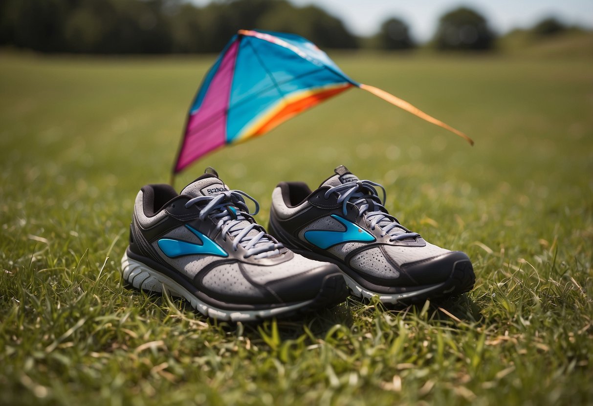 A pair of Brooks Ghost 14 shoes lying on a grassy field, with a colorful kite flying high in the sky above