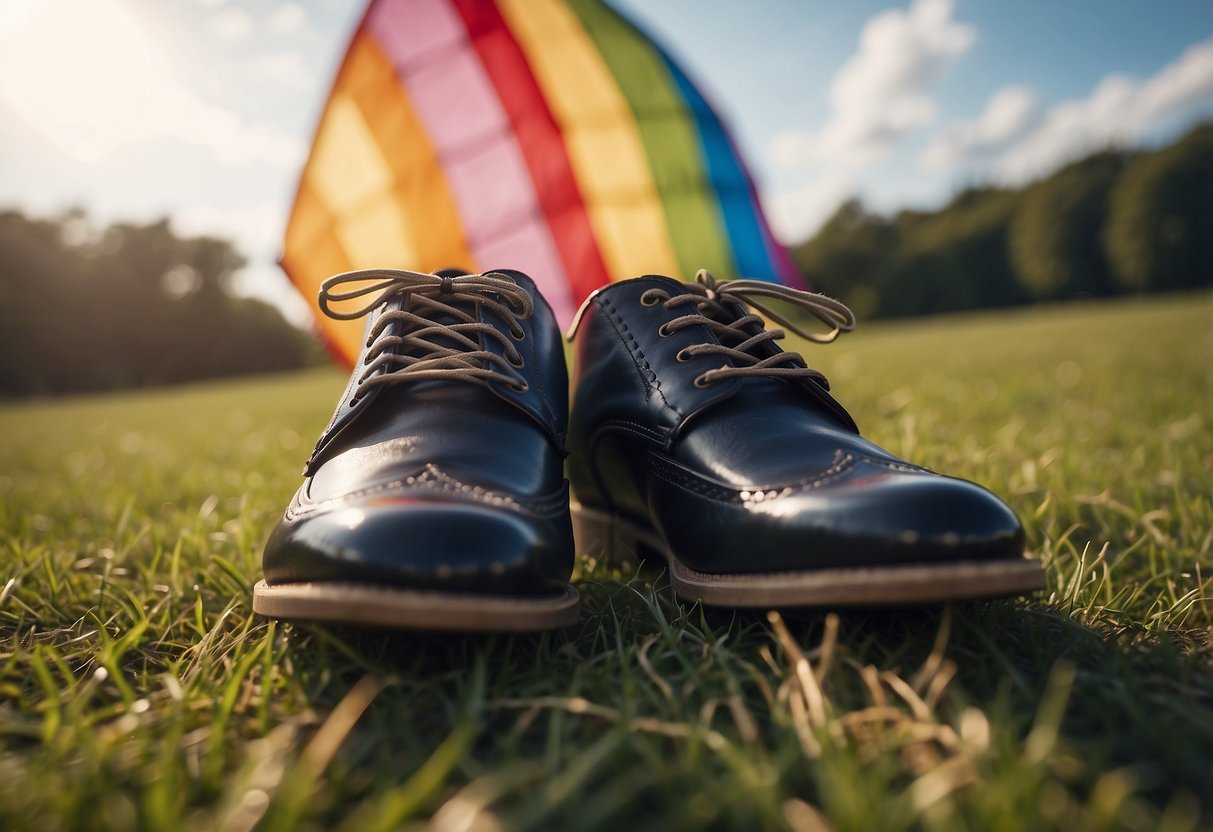 A pair of comfortable shoes on a grassy field with a colorful kite flying high in the sky