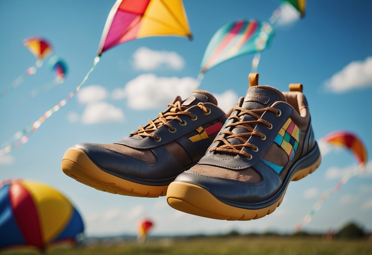 A pair of comfortable shoes with sturdy soles and breathable material, surrounded by colorful kites flying in the sky