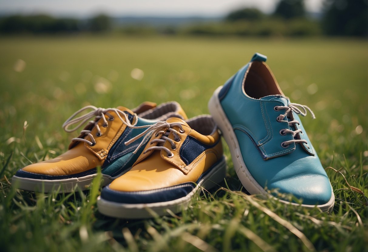 A pair of colorful, lightweight shoes laid out on a grassy field, with a kite flying in the background