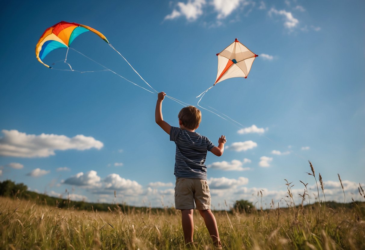 A clear blue sky with a gentle breeze. A child flying a kite with a secure grip on the string. A safety checklist nearby