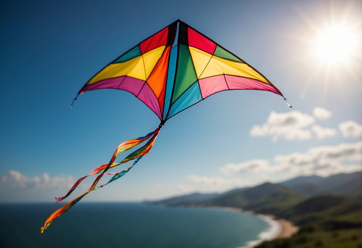 A colorful kite soars high in the sky, its tail fluttering in the wind. The kite is skillfully maneuvered, demonstrating safe and controlled flying techniques