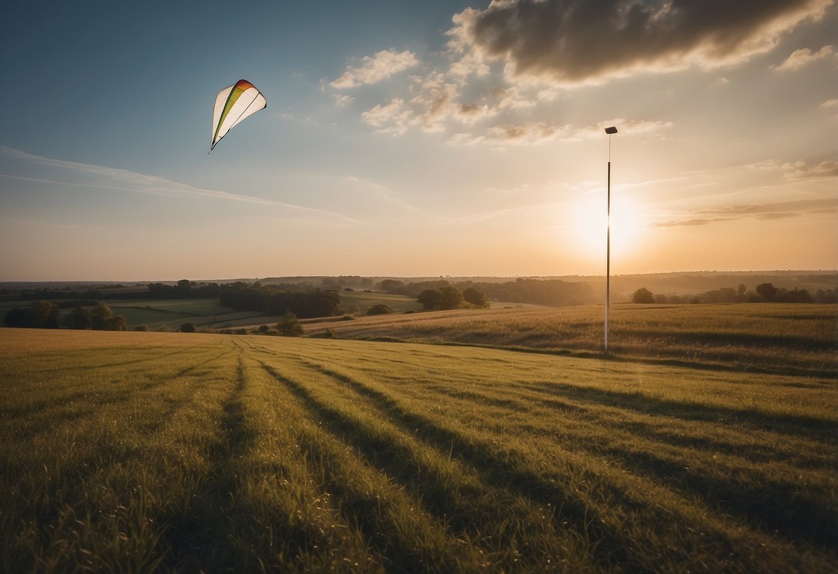 A clear, open field with minimal obstructions, marked boundaries, and visible wind direction indicators for safe kite flying