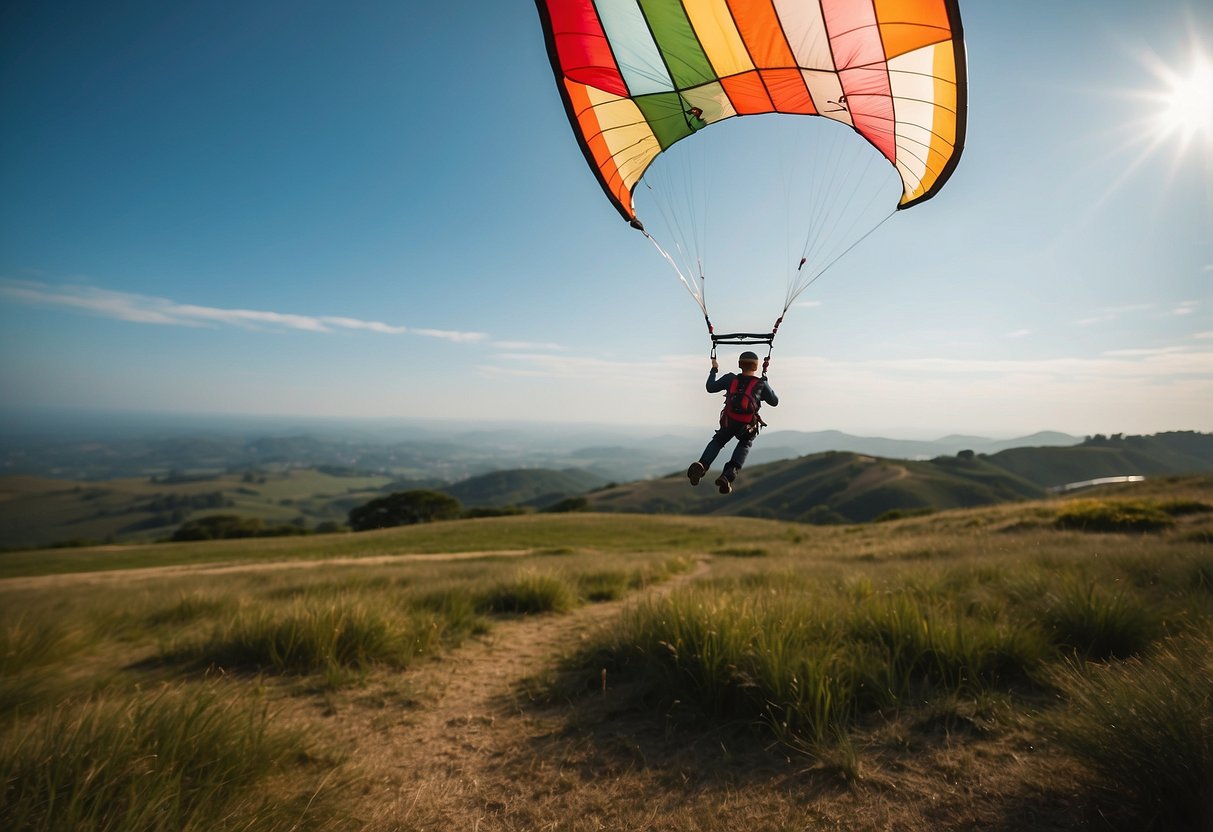 A colorful kite soaring in the sky, attached to a sturdy harness and safety line. A checklist of essential skills for safe kite flying displayed nearby