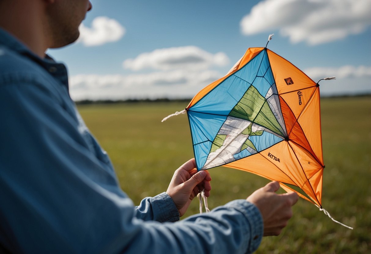 A person holding a safety manual, checking kite and wind conditions, tying secure knots, and scanning for obstacles before launching the kite