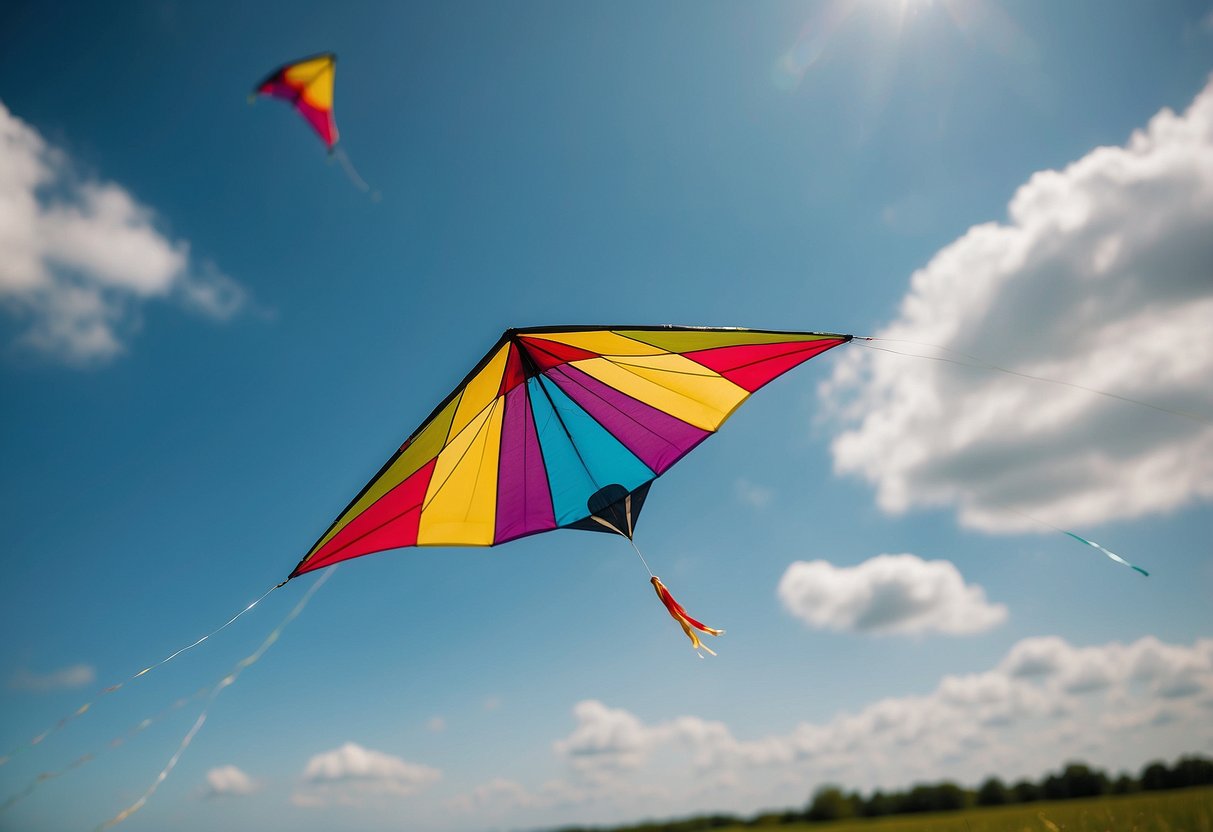 A colorful kite soars high in the sky, expertly maneuvered with precision and control. The wind is strong, yet the kite remains stable, demonstrating the essential skills of safe kite flying