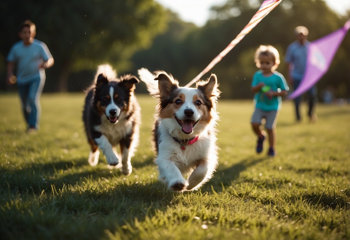 Pets frolic in a grassy field, tails wagging as they chase after colorful kites soaring in the sky. Owners smile as they guide their furry friends in the art of kite flying