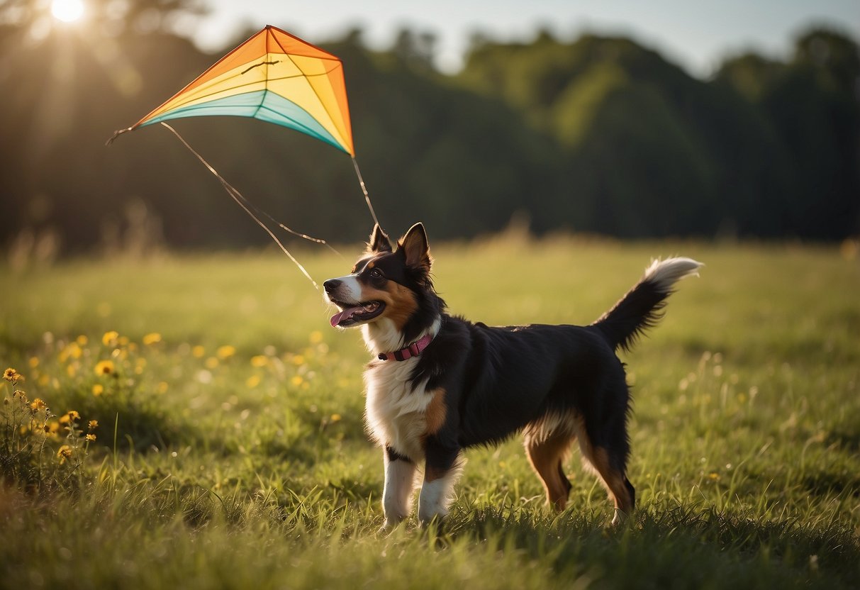 A dog with a wagging tail stands in a grassy field, gazing up at a colorful kite flying high in the sky. The sun is shining, and the breeze is gentle, creating a perfect day for kite flying with pets