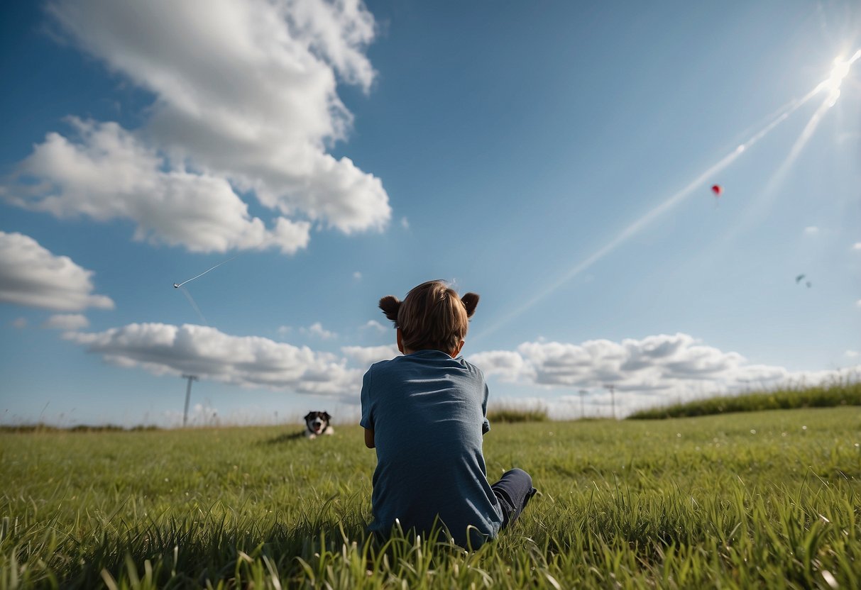 A grassy field with a clear blue sky, a fenced-off area for pets, and a kite soaring high above, with a pet owner watching closely