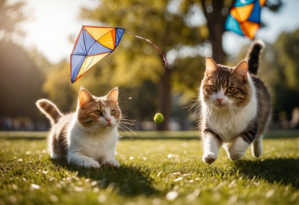 A dog and a cat playfully fly kites made of lightweight materials in a sunny park, following 7 tips for safe kite flying with pets