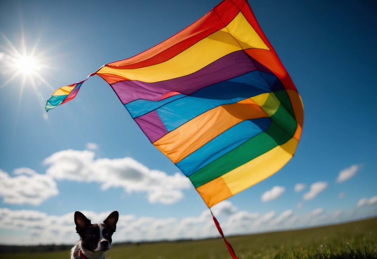 A colorful kite soars high in the sky, while a playful pet runs around in an open field. Windsocks and flags indicate varying wind conditions