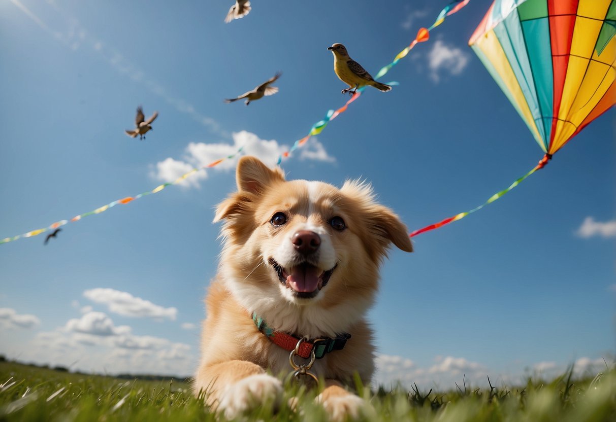 Pets on leashes flying kites with owners. Dogs running, tails wagging. Cats perched on shoulders, eyes wide. Birds soaring above. Bright sky, green grass