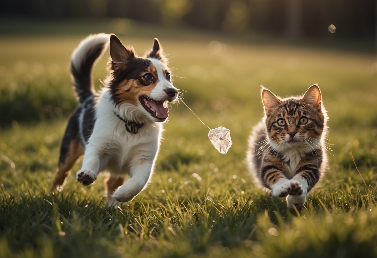 A dog and cat playfully chase a kite in a grassy field. A water bowl sits nearby, ensuring they stay hydrated during their outdoor adventure