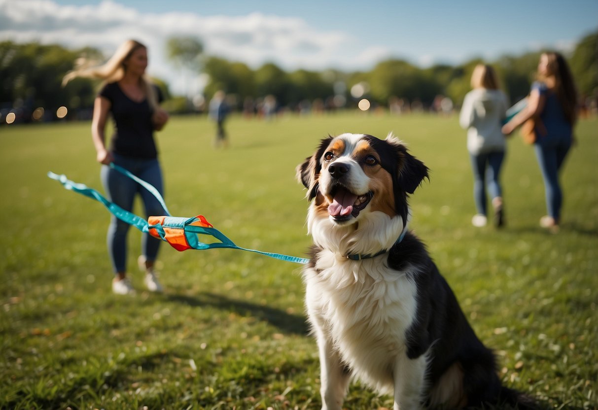 Pets and kites in a park, pets on leashes, kites flying in the sky, pets showing curiosity and excitement, owners holding onto the leashes, sunny day with green grass