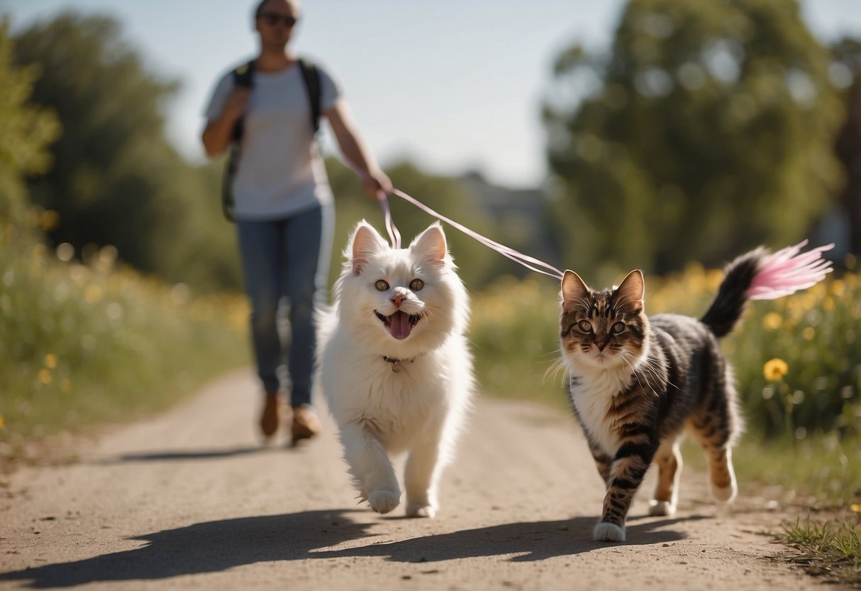 Pets and owners gather kites, leashes, and treats. Clear, sunny sky with gentle breeze. Excited animals wag tails and owners smile