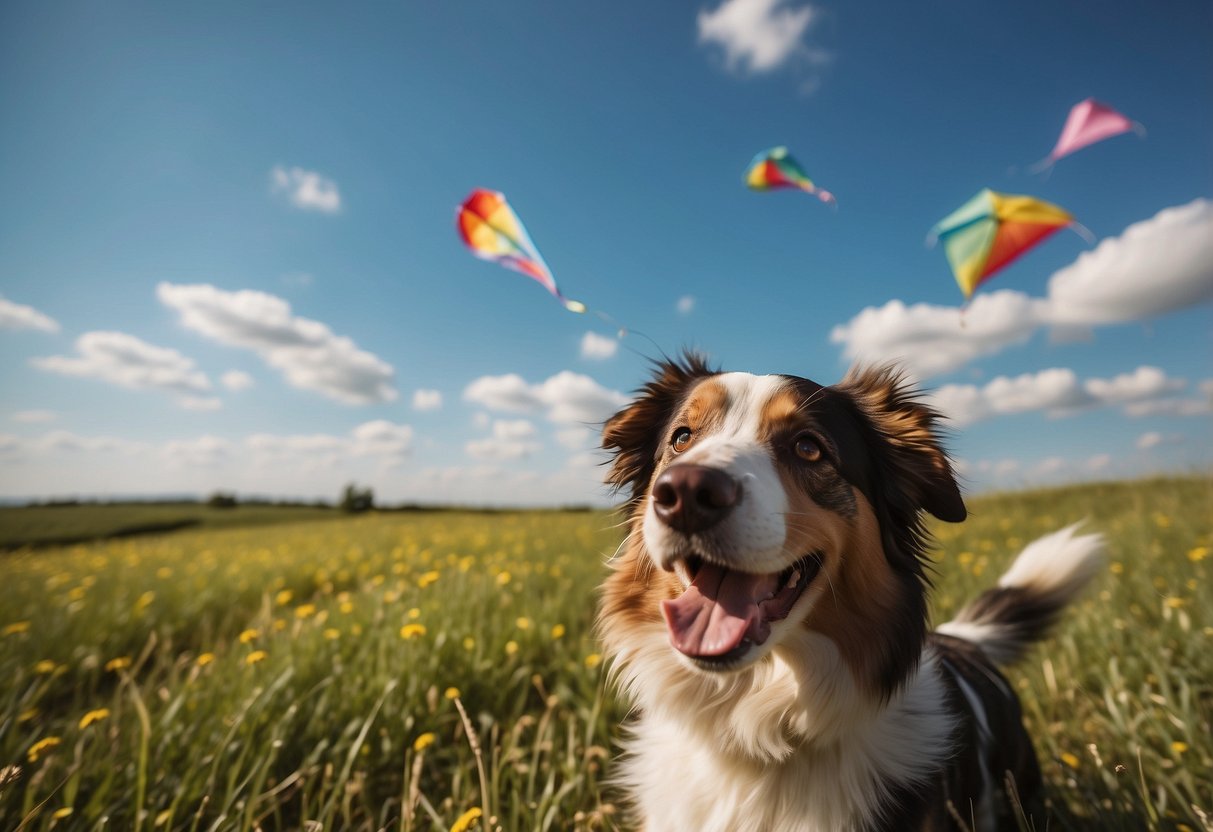 Bright sunny day, clear blue skies, gentle breeze, open field, colorful kites soaring, happy pets running and playing, owners enjoying the perfect conditions