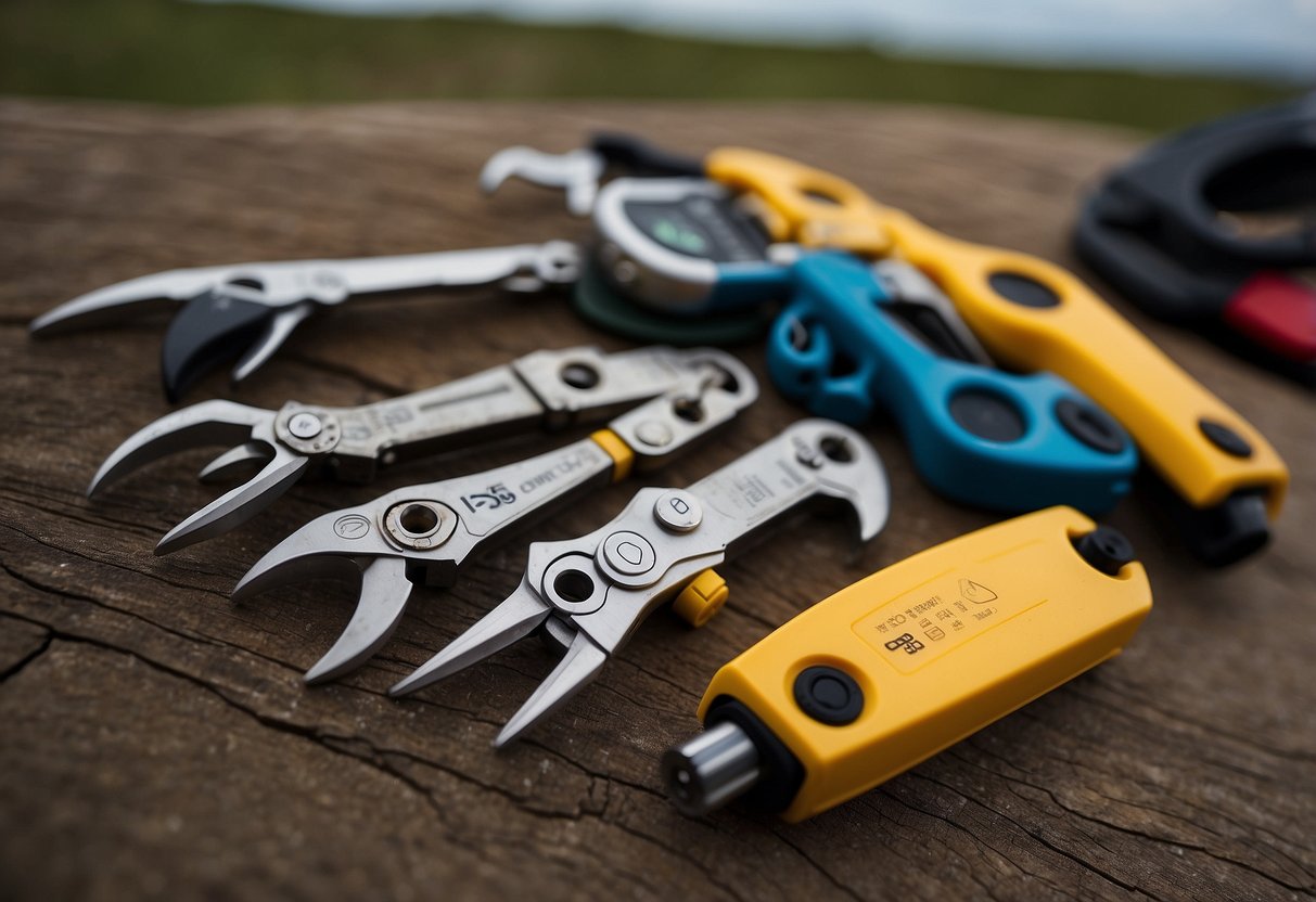 Five multi-tools arranged on a flat surface with kites in the background. Each tool is unique and labeled with its name