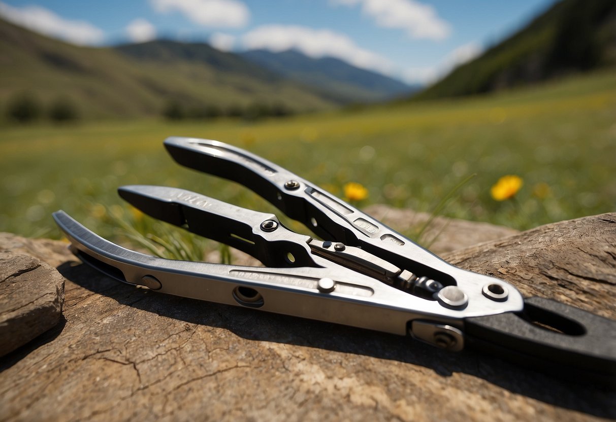 A close-up of a Gerber Suspension Multi-Plier, with its various tools unfolded and ready for use, set against a backdrop of a colorful kite flying in the sky