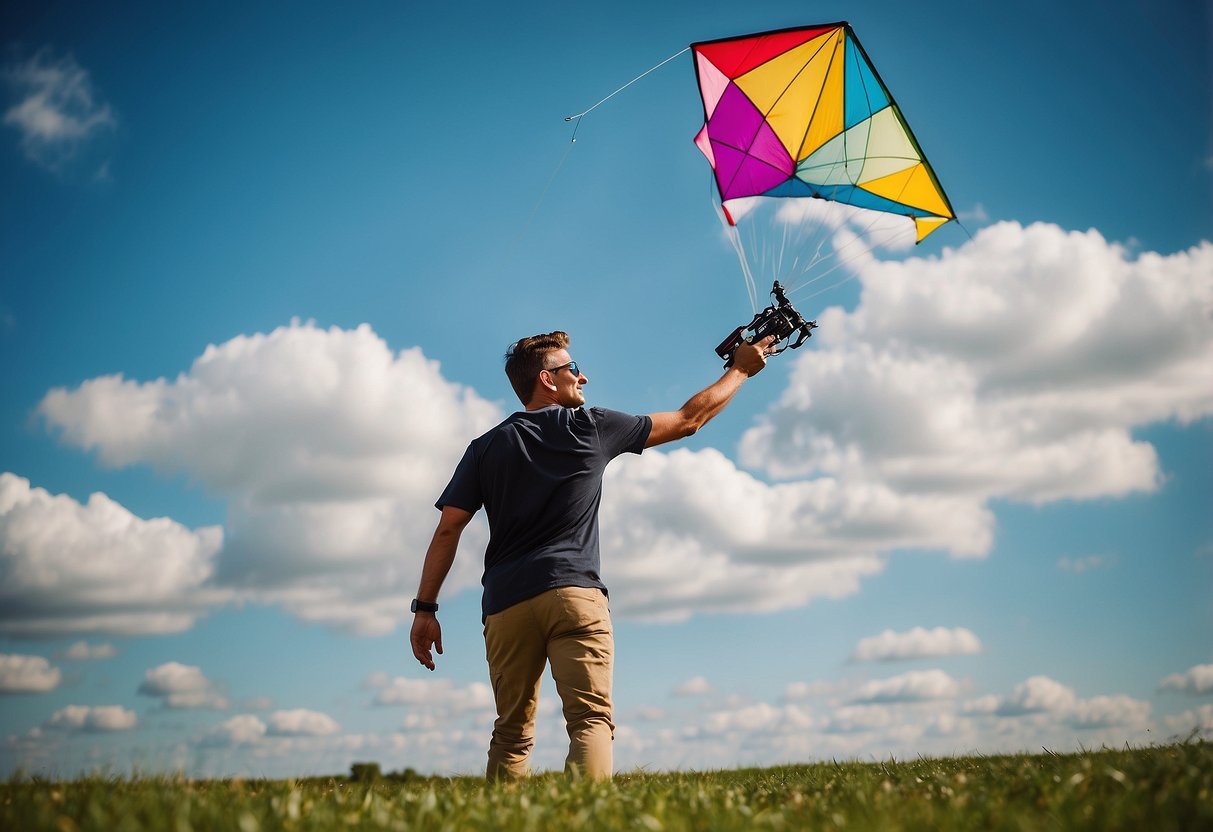 A colorful kite flying high in the sky, with a kite flyer holding a SOG PowerAssist multi-tool, adjusting the strings and enjoying the outdoors