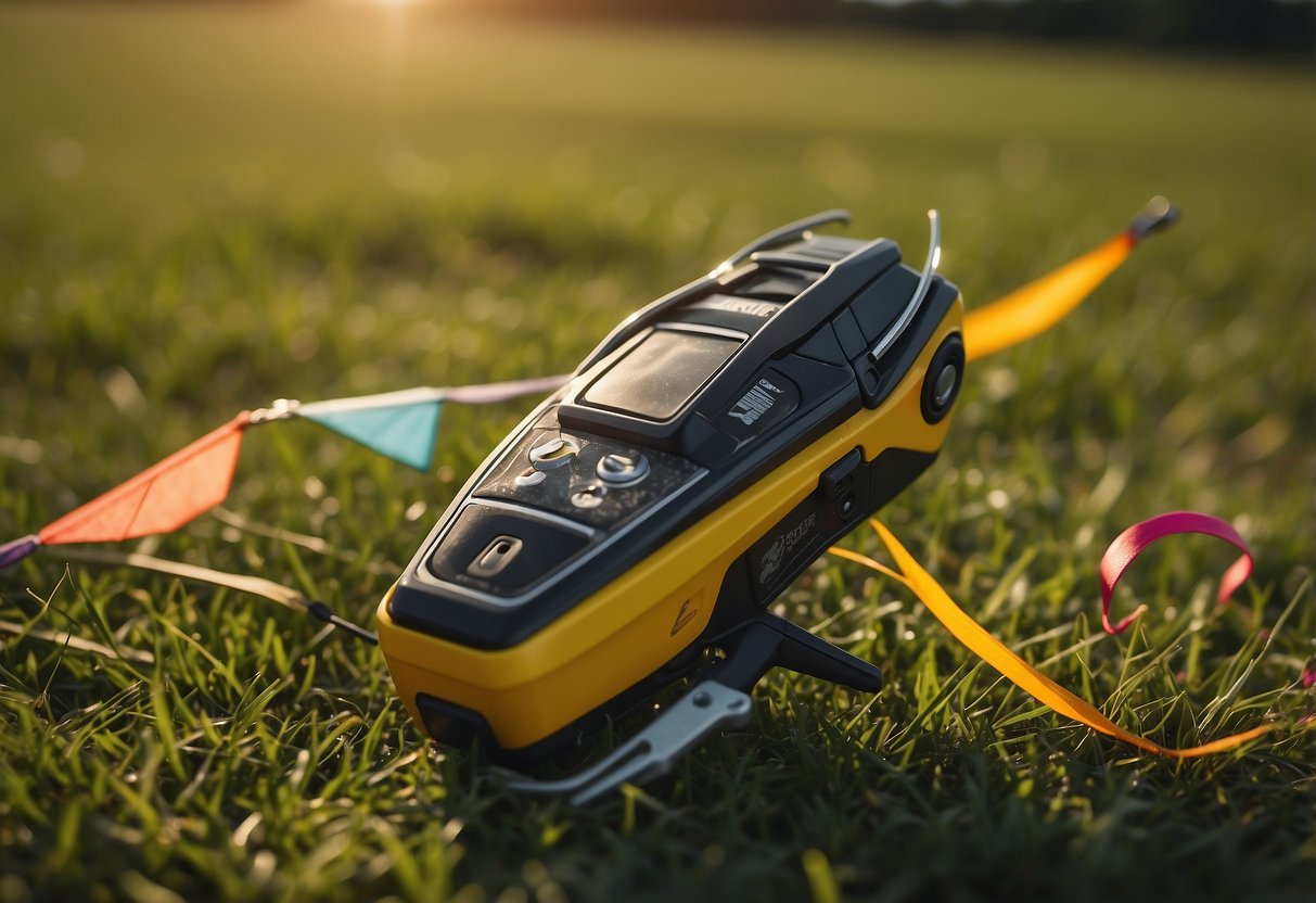 A multi-tool with various attachments lies on a grassy field, next to a colorful kite flying in the sky. The sun shines brightly, casting a warm glow on the scene