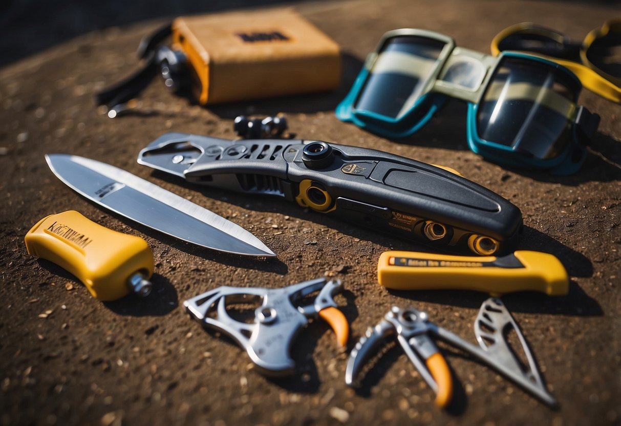 Multi-tool kit laid out on a flat surface, including safety goggles, gloves, and various tools. Kite flying in the background