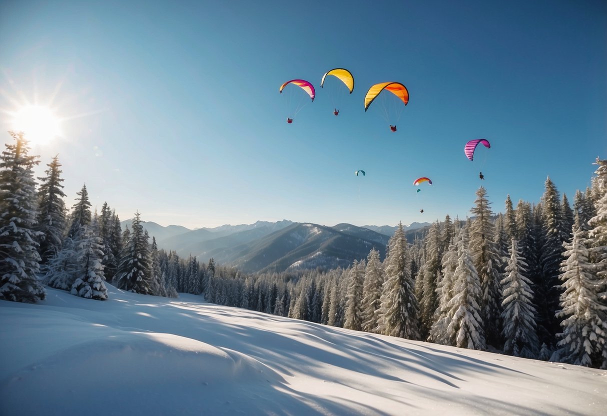 Snow-covered hills, evergreen trees, and a clear blue sky. Kites of various colors and sizes soaring through the air. A peaceful and serene winter scene perfect for kite flying