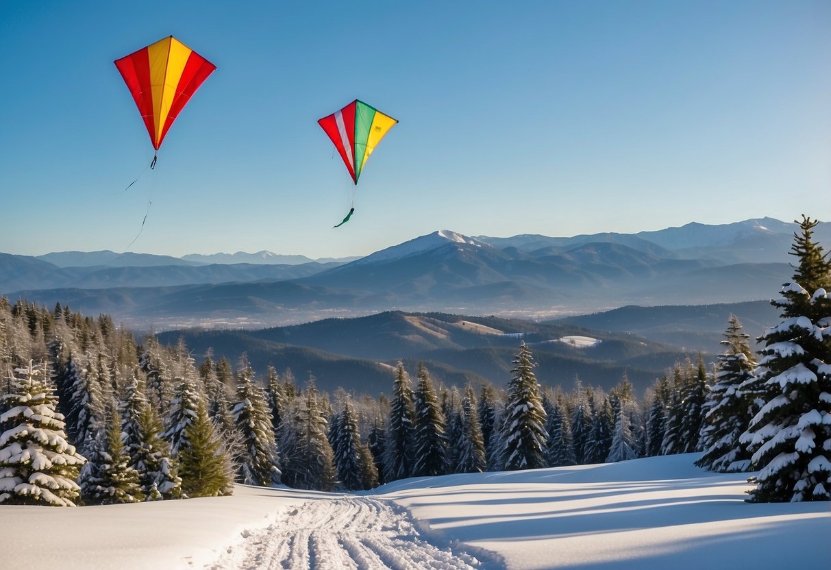 Snow-covered hills, evergreen trees, and a clear blue sky provide the backdrop for colorful kites soaring through the crisp winter air in Hood River, Oregon