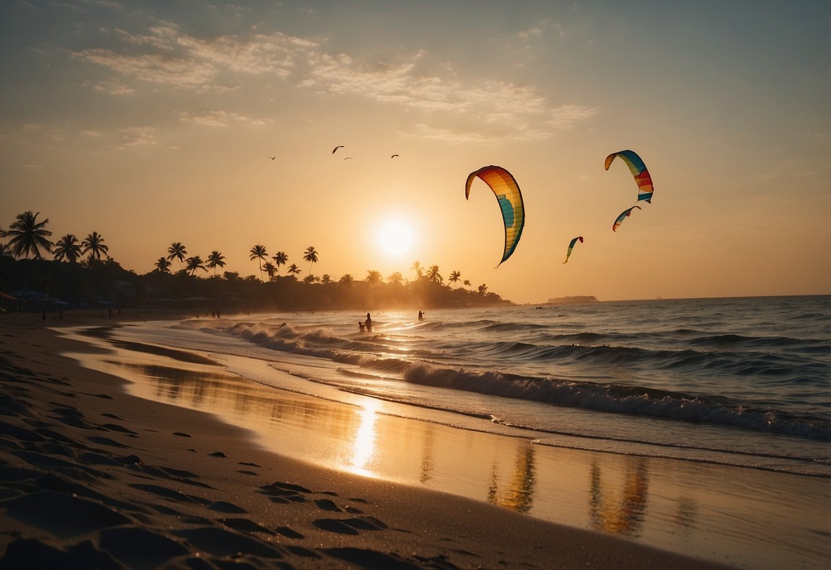 Sunset over palm-lined beach, colorful kites soaring against clear blue sky, gentle trade winds carrying them high above the sparkling ocean