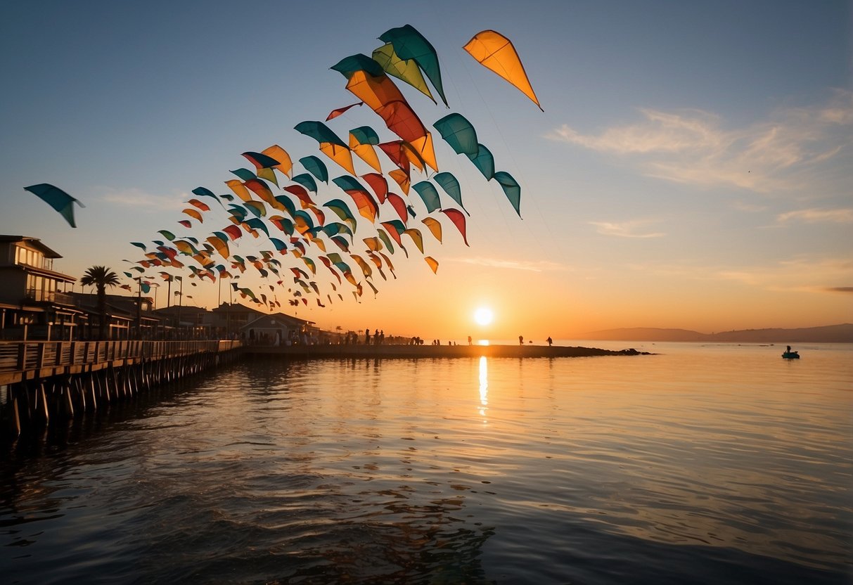 The sun sets over the calm waters of Redondo Beach as colorful kites fill the sky, dancing in the brisk winter breeze