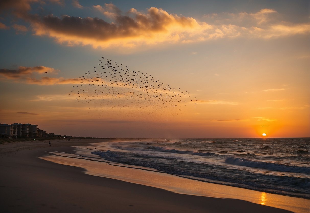 The sun sets over South Padre Island, kites soar above the sandy beaches, framed by the calm ocean and colorful sky