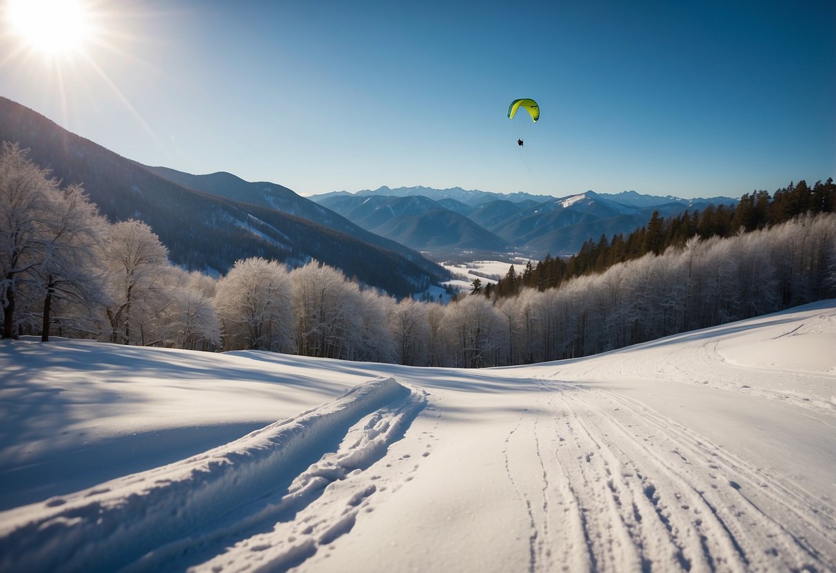 Snow-covered hills, clear blue skies, and strong winds create perfect conditions for winter kite flying. Trees and mountains in the background add to the picturesque setting